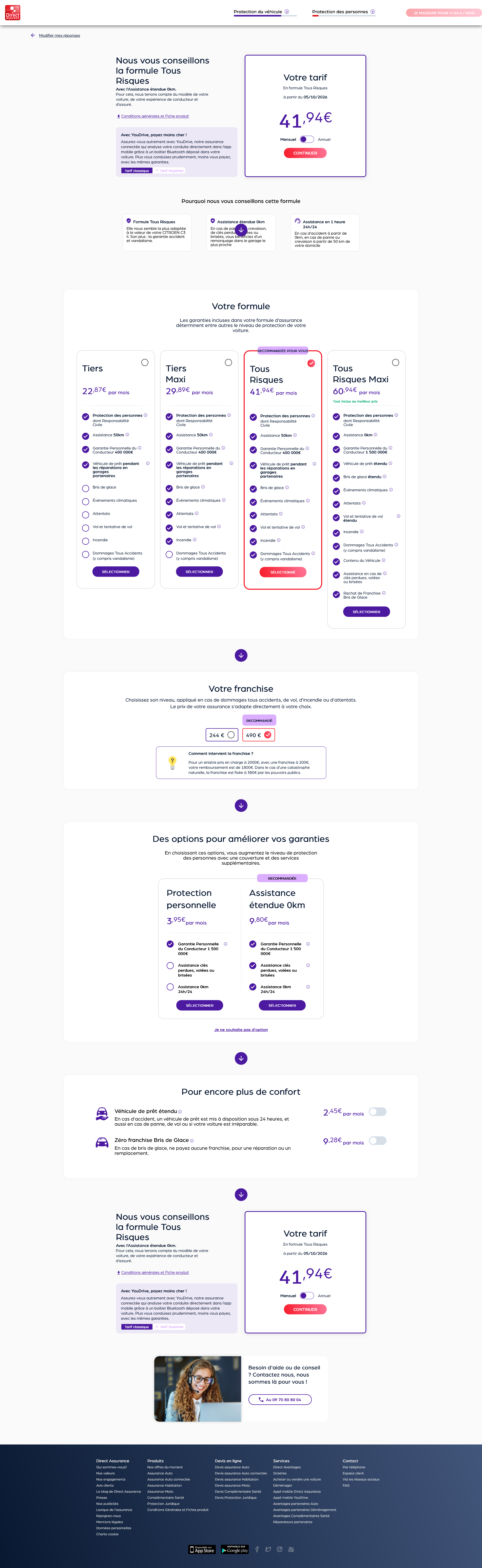Page de tarif Direct Assurance comparant les formules, franchises et options du devis automobile.